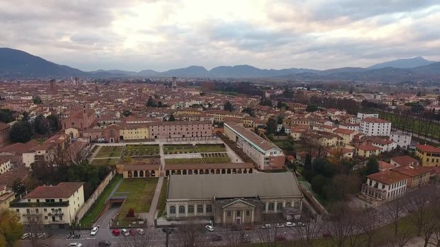 Aerial shot, beautiful panorama of Lucca city, an ancient town in the middle of Tuscany, Italy