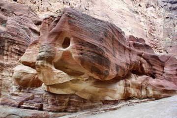 Stone elephant or fish in the gorge Siq in Petra, Jordan Middle East 