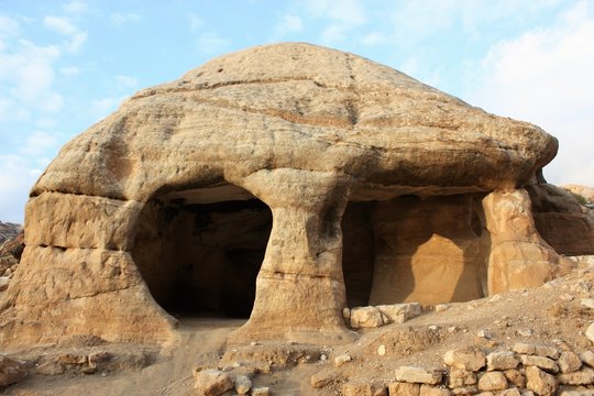 Djin blocks and Bab as Siq in ancient nabatean city of Petra in Jordan, Middle East