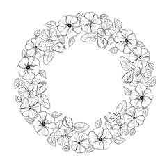 hand drawn ink monochrome wreath with flowers petunia and pansy. vintage style. vector eps 8