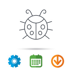 Fototapeta premium Ladybug icon. Ladybird insect sign. Flying beetle bug symbol. Calendar, cogwheel and download arrow signs. Colored flat web icons. Vector