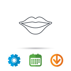Lips icon. Smiling mouth sign. Calendar, cogwheel and download arrow signs. Colored flat web icons. Vector