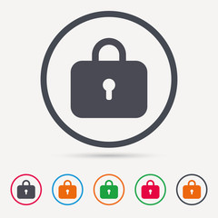 Lock icon. Privacy locker sign. Closed access symbol. Round circle buttons. Colored flat web icons. Vector