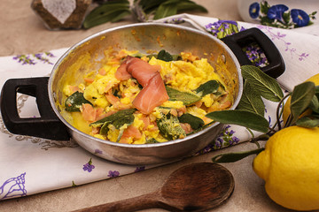 scrambled eggs with salmon and sage