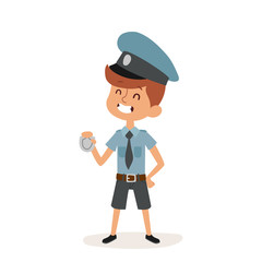 policeman boy cap and badge hands cop cartoon character person on white background vector profession uniform worker isolated illustration kid