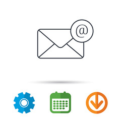 Envelope mail icon. Email message with AT sign. Internet letter symbol. Calendar, cogwheel and download arrow signs. Colored flat web icons. Vector