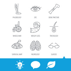 Vein varicose, neurology and trichology icons. Surgical lamp, glasses and eye linear signs. Bone fracture, wheelchair and weight loss icons. Light bulb, speech bubble and leaf web icons. Vector