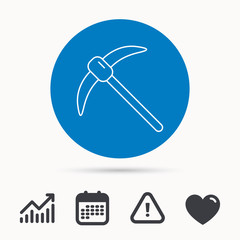 Mining tool icon. Pickaxe equipment sign. Minerals industry symbol. Calendar, attention sign and growth chart. Button with web icon. Vector