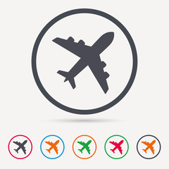 Fototapeta premium Plane icon. Flight transport symbol. Round circle buttons. Colored flat web icons. Vector