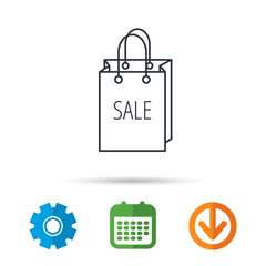 Sale shopping bag icon. Discount handbag sign. Calendar, cogwheel and download arrow signs. Colored flat web icons. Vector