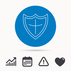 Shield icon. Protection sign. Royal defence symbol. Calendar, attention sign and growth chart. Button with web icon. Vector