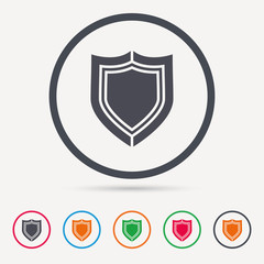 Shield protection icon. Defense equipment symbol. Round circle buttons. Colored flat web icons. Vector