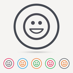 Happy smile icon. Smiley laugh emoticon symbol. Round circle buttons. Colored flat web icons. Vector