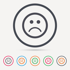 Sad smiley icon. Bad feedback symbol. Round circle buttons. Colored flat web icons. Vector