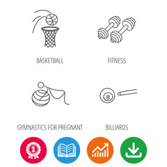 Billiards, basketball and fitness sport icons. Gymnastics for pregnant linear sign. Award medal, growth chart and opened book web icons. Download arrow. Vector