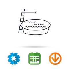 Swimming pool icon. Jumping into water sign. Calendar, cogwheel and download arrow signs. Colored flat web icons. Vector