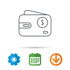 Dollar wallet icon. USD cash money bag sign. Calendar, cogwheel and download arrow signs. Colored flat web icons. Vector
