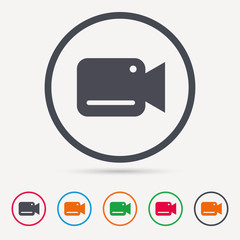 Video camera icon. Film recording cam symbol. Security monitoring. Round circle buttons. Colored flat web icons. Vector