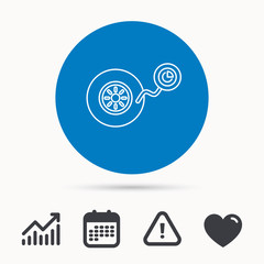 Wheel pressure icon. Tire service sign. Calendar, attention sign and growth chart. Button with web icon. Vector