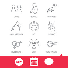 Fototapeta premium Pregnancy, pediatrics and family planning icons. Under supervision, unattended and baby child linear signs. Dice, male and female icons. New tag, speech bubble and calendar web icons. Vector