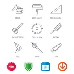 Scissors, paint roller and repair tools icons. Fretsaw, circular saw and brush linear signs. Triangular rule, drill icons. New tag, shield and calendar web icons. Download arrow. Vector