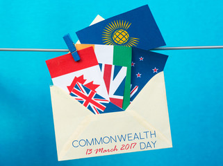 Flag of the Commonwealth of Nations (CIS), envelope with countries flags. Commonwealth Day card 