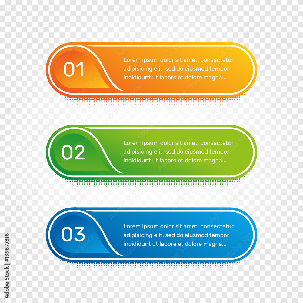 Aufkleber Layout workflow. Outline colorful menu for app interface. Number options. Web design of buttons elements. Infographics 1. 2. 3. vector template. Text illustration.