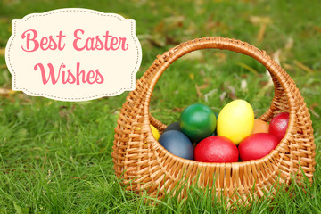 Easter eggs in basket on green grass