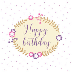 Floral wreath of rowan twigs and flowers with the inscription Happy birthday. Vector greeting card design template.
