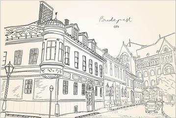 Illustration drawing street Budapest, hand drawn