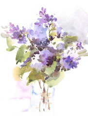 Watercolor Flowers Lilac in a vase Hand Painted Floral Background Illustration - 139879397