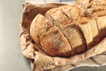 Sliced loaf of beer bread on table