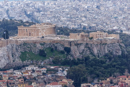 Amazing view of the Acropolis of Athens from Lycabettus hill, Attica, Greece