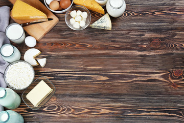 Fresh dairy products on wooden background