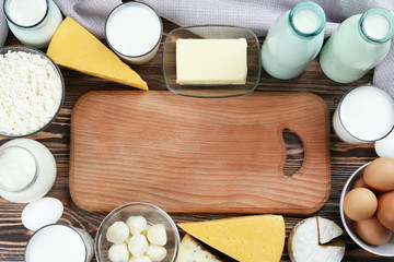 Cutting board with space for text in frame of dairy products