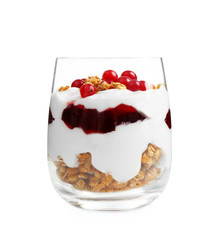 Delicious natural yogurt parfait with berries and granola on white background