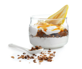 Delicious natural yogurt parfait with pear on white background