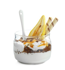 Delicious natural yogurt parfait with pear on white background