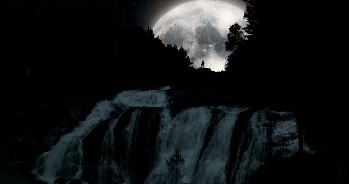 VFX Shot - Huge Super Moon Above A Huge Waterfall With Silhouette Of A Man, Norway