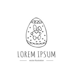 Hand drawn doodle Easter egg icon Vector Illustration sitting spring bunny with heart in hands symbol Cartoon decoration element: egg, rabbit, bunny, hunting eggs, hearts Patel colors Colorful sketch