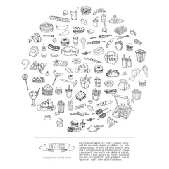 Hand drawn doodle Fast food icons set. Vector illustration. Junk food elements collection. Cartoon snack various sketch symbol: soda, burger, potato,hot dog, pizza, tacos, sweet desert, donut, popcorn