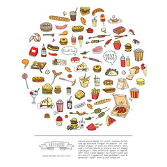 Hand drawn doodle Fast food icons set. Vector illustration. Junk food elements collection. Cartoon snack various sketch symbol: soda, burger, potato,hot dog, pizza, tacos, sweet desert, donut, popcorn