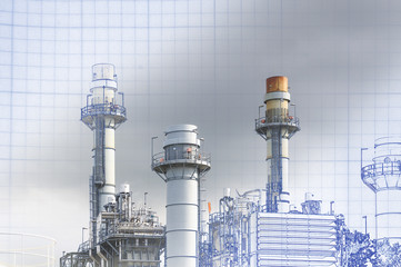 The abstract scene of real and blueprint of power plant  building construction