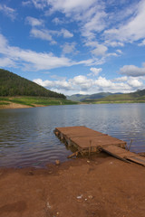 wood Pontoon boat  with Mae Ngad Dam and Reservoir in Mae Taeng , Chiang Mai  Thailand