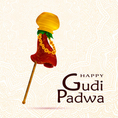 Happy Gudi Padwa celebration, India template, greeting card,.. Hand drawn elements, vector illistration. Gold pot, stick, leaves, red fabric with patterns, flowers. Samvatsaradi, Ugadi, Yugadi holiday