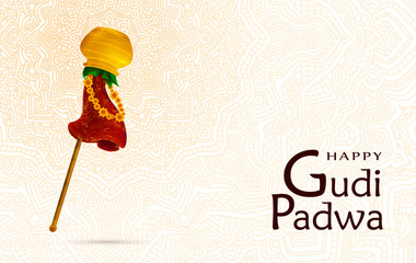 Happy Gudi Padwa celebration, India template, greeting card,.. Hand drawn elements, vector illistration. Gold pot, stick, leaves, red fabric with patterns, flowers. Samvatsaradi, Ugadi, Yugadi holiday