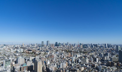 東京都市風景　都心全景　ワイド　東京タワー　六本木　快晴青空　