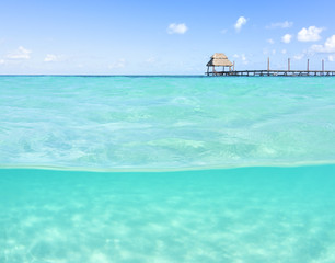 Over under shallow tropical sea with wooden dock