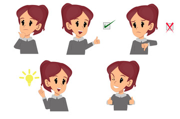 Employee woman faces in the process of solving problems and creating ideas