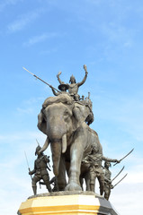 The elephant statue in the blue sky,Monument of King Naresuan at Suphanburi province in Thailand